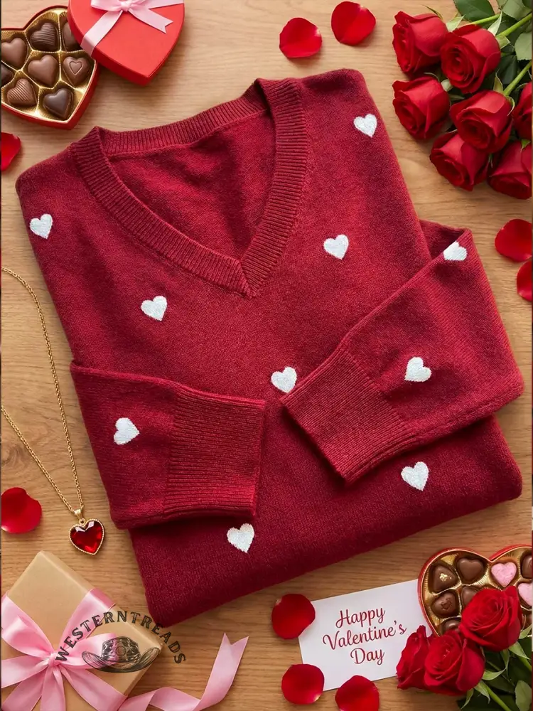 Women's Valentine's Day Heart Jacquard V-neck Long-sleeved Knit Sweater - Image 4