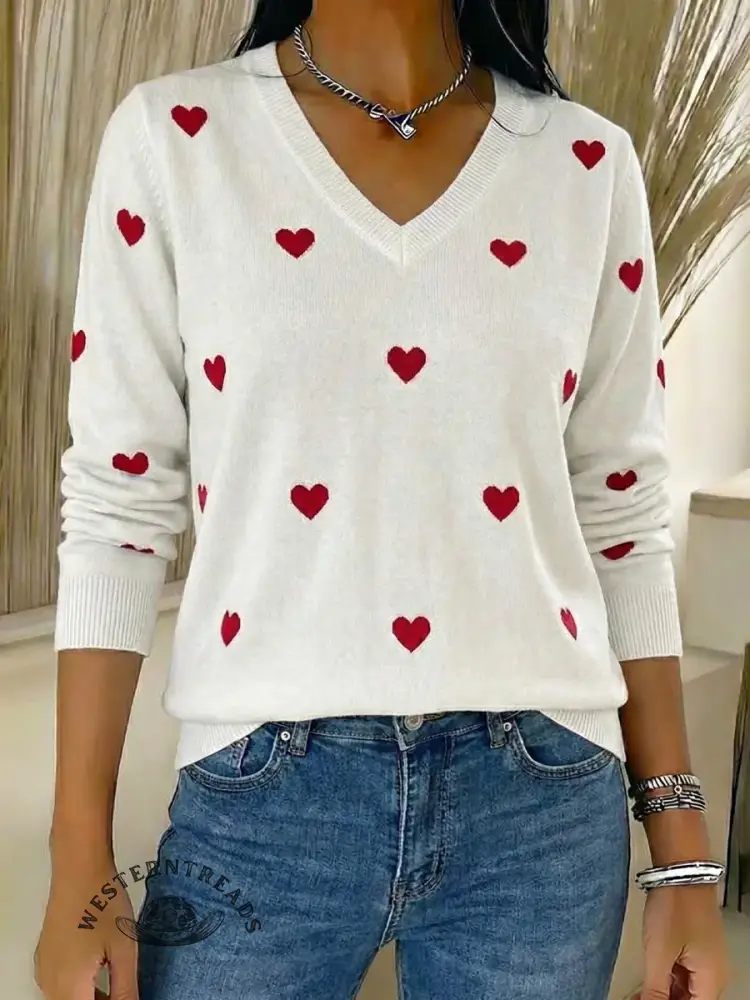 Women's Valentine's Day Heart Jacquard V-neck Long-sleeved Knit Sweater - Image 7