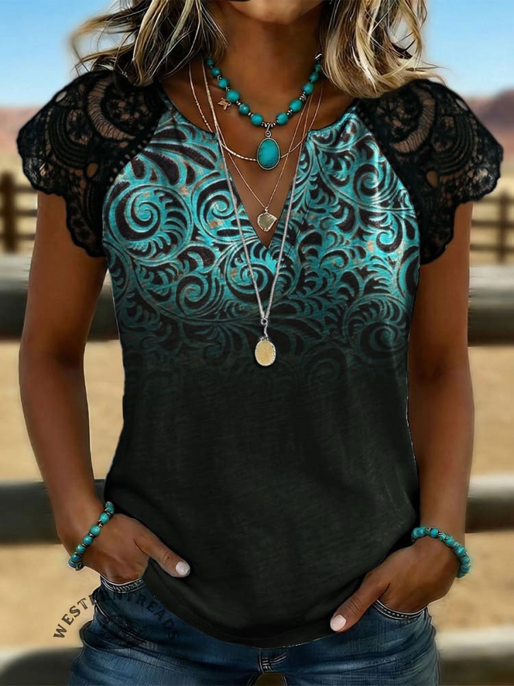 Women's Vintage Art Print Lace Patchwork Top