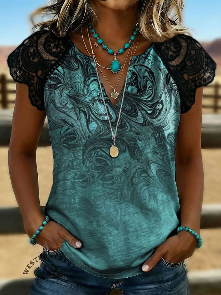 Women's Vintage Art Print Lace Patchwork Top