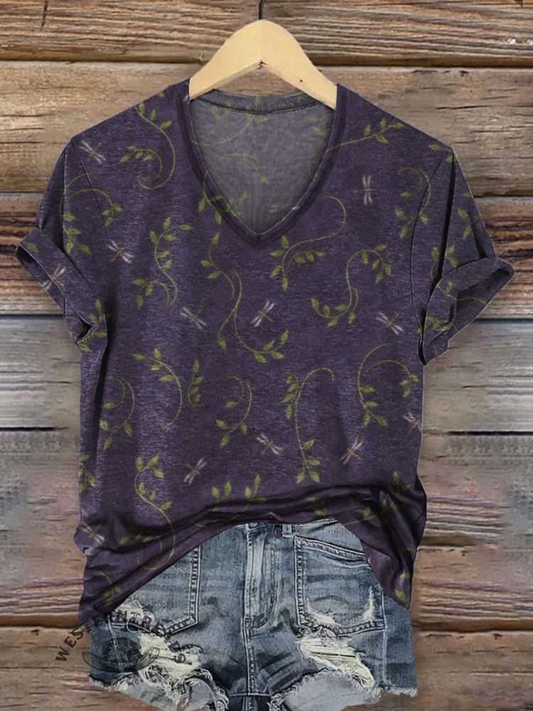 Women's Vintage Art Print V-neck Casual T-Shirt