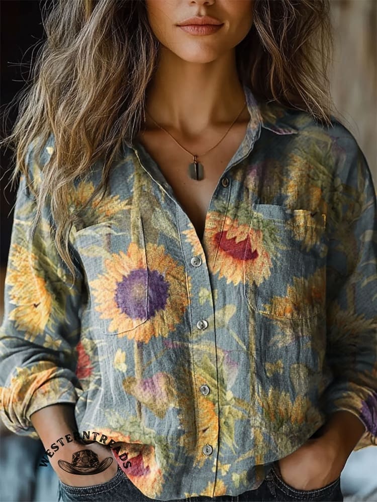 Women's Vintage Sunflower Art V-neck Casual T-Shirt - Image 3