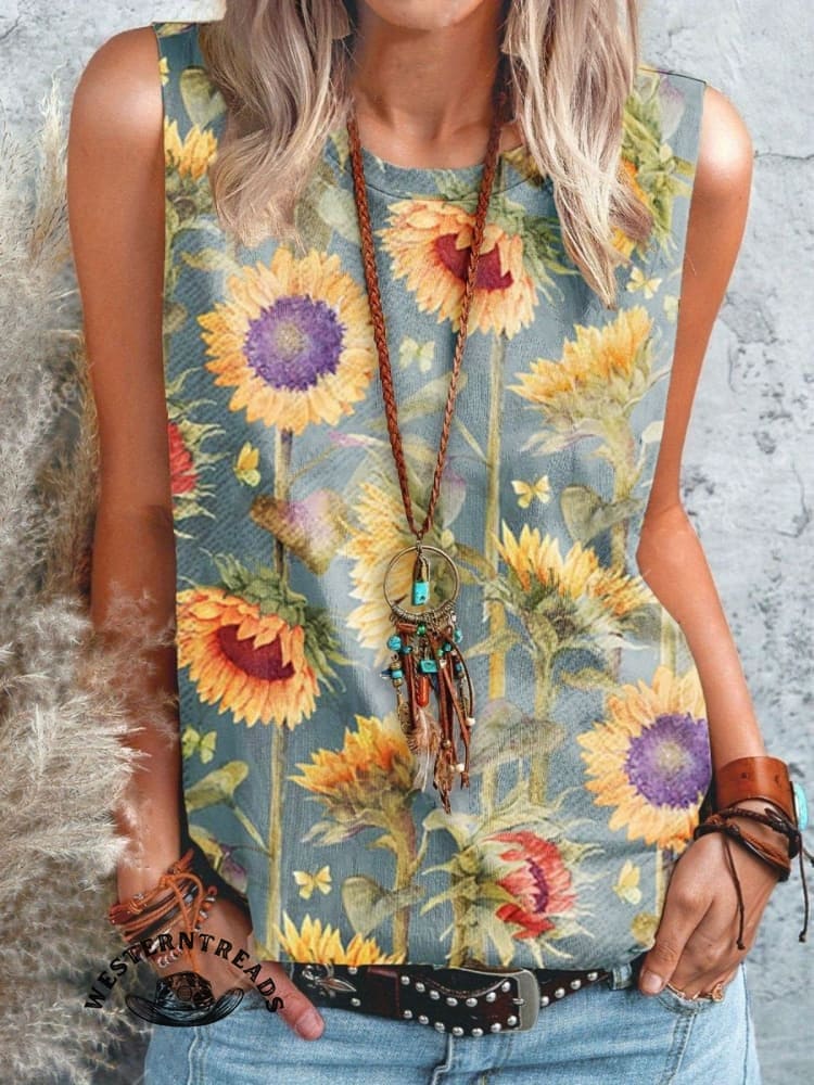 Women's Vintage Sunflower Art V-neck Casual T-Shirt - Image 5