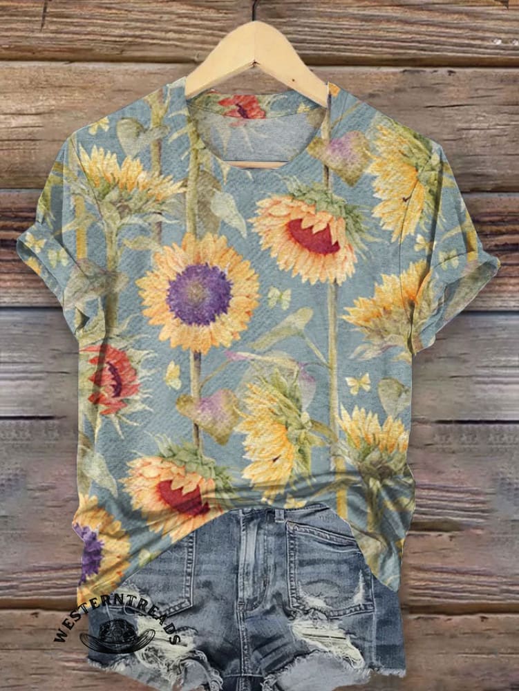 Women's Vintage Sunflower Art V-neck Casual T-Shirt - Image 8