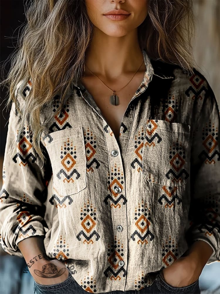 Women's Vintage Aztec Art Print Casual Long Sleeve Comfortable Cotton Shirt