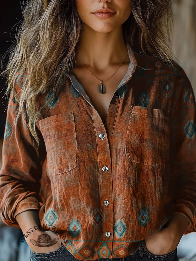 Women's Vintage Aztec Art Print Casual Long Sleeve Comfortable Cotton Shirt