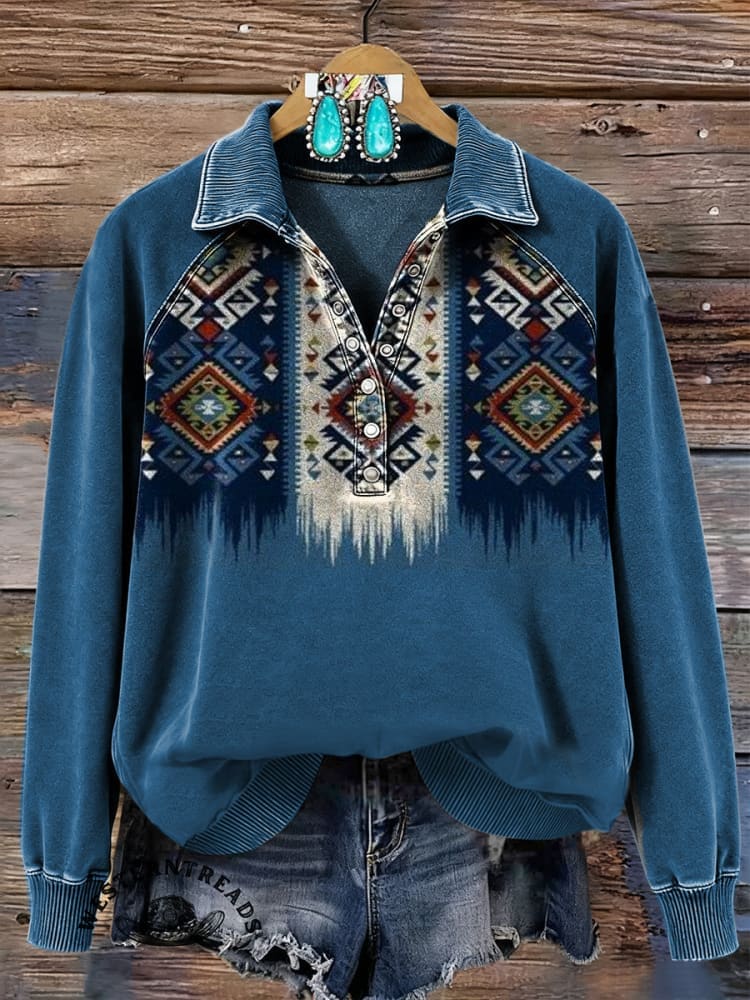 Women's Vintage Aztec Print Henley Neck Sweater Top - Image 3