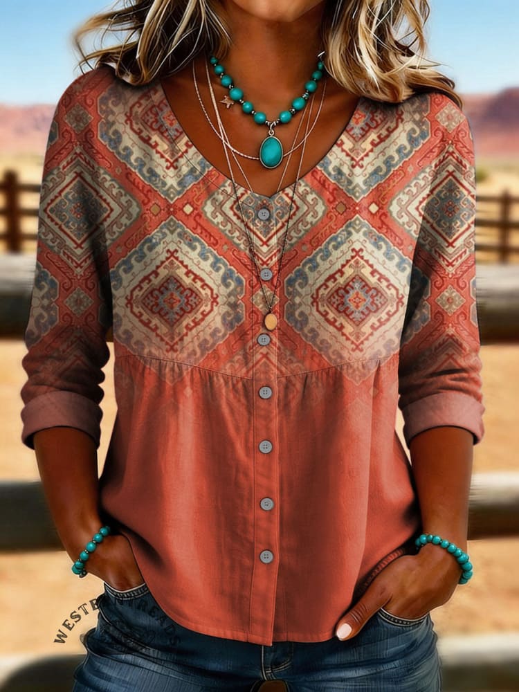 Women's Vintage Aztec Print Linen And Cotton Shirt