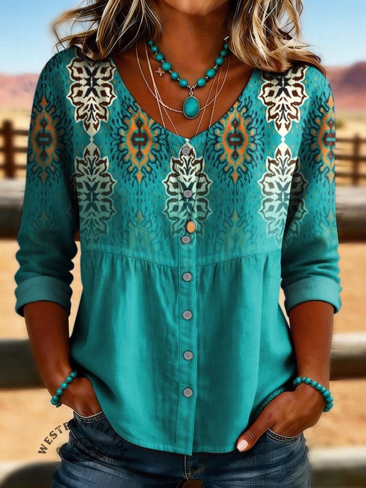 Women's Vintage Aztec Print Linen And Cotton Shirt