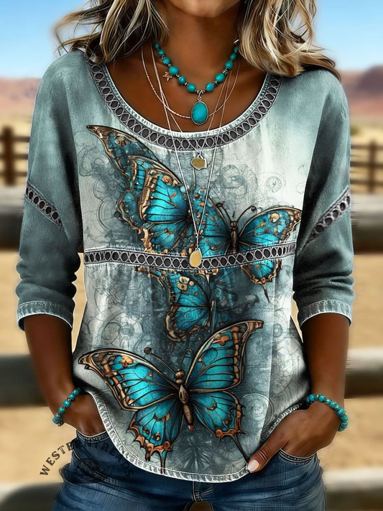 Women's Vintage Butterfly Print Casual 3/4 Sleeves Hollow Denim Shirt