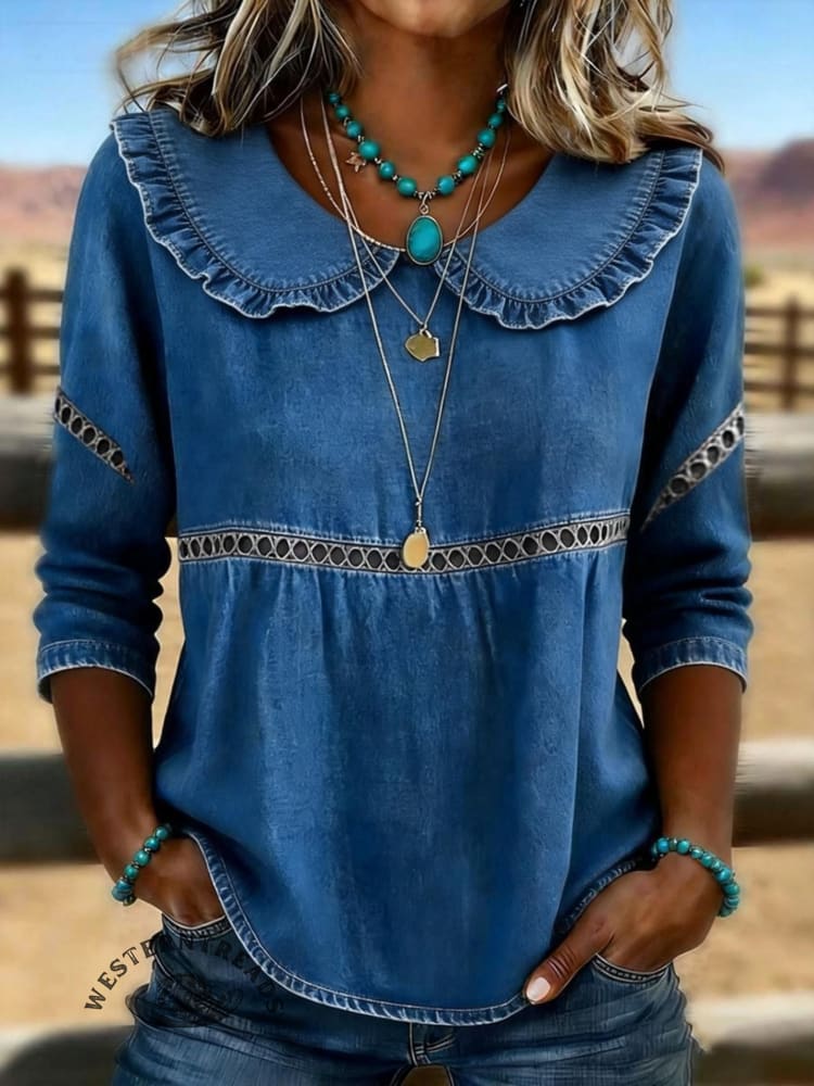 Women's Vintage Casual 3/4 Sleeves Hollow Denim Shirt