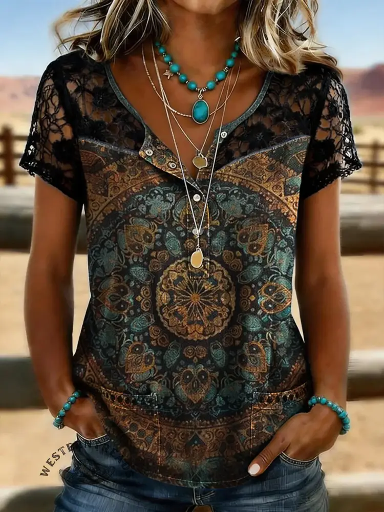 Women's Vintage Datura Flower Print Casual Hollow-out Denim Shirt