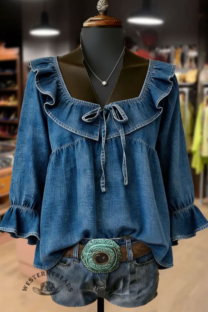 Women's Vintage Denim Ruffle Top