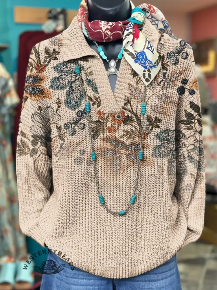 Women's Vintage Floral Art Print Casual Lapel Knitted Sweater
