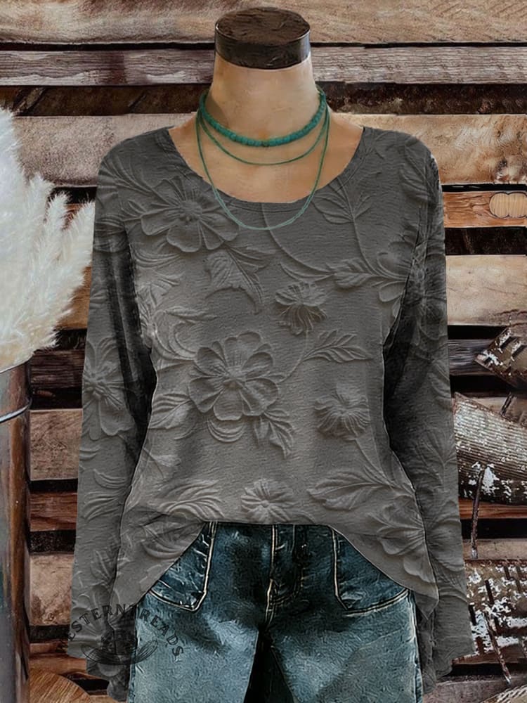 Women's Vintage Floral Art Print Casual Long Sleeve T-shirt - Image 2
