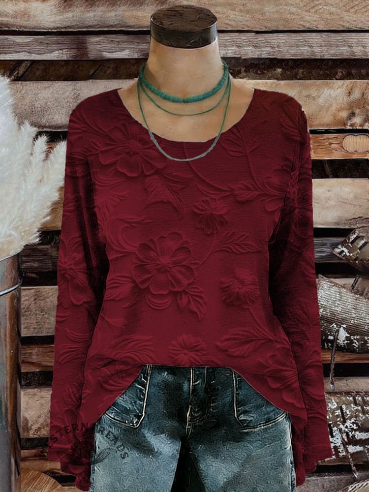 Women's Vintage Floral Art Print Casual Long Sleeve T-shirt - Image 3