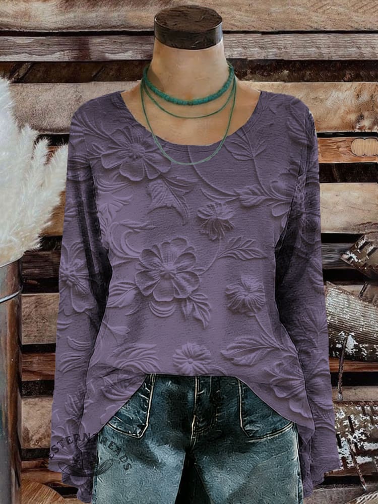 Women's Vintage Floral Art Print Casual Long Sleeve T-shirt - Image 4