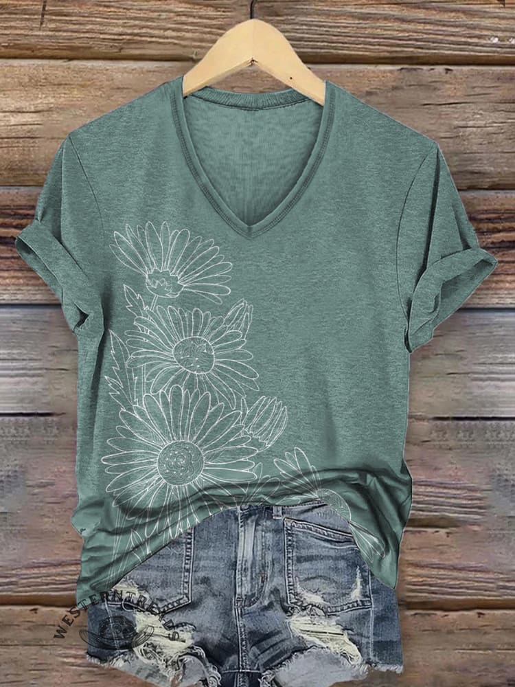 Women's Vintage Floral Art Print V-neck Casual T-Shirt