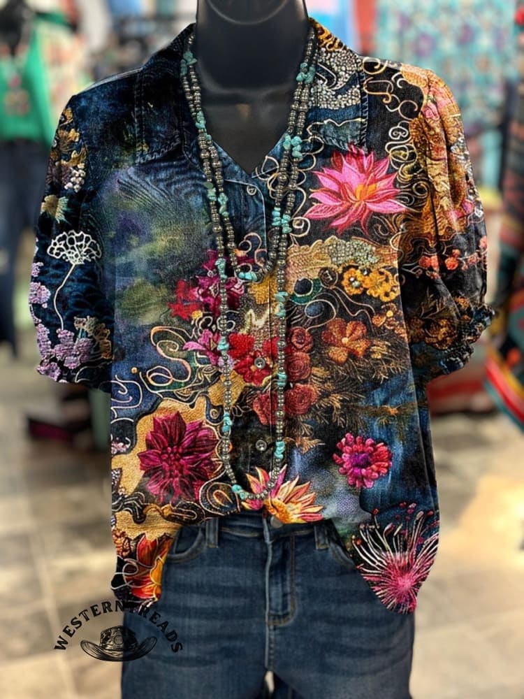 Women's Vintage Floral Art Prints Casual Cotton Linen Shirt - Image 2