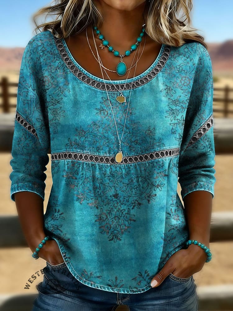 Women's Vintage Floral Print Casual Hollow Denim Shirt
