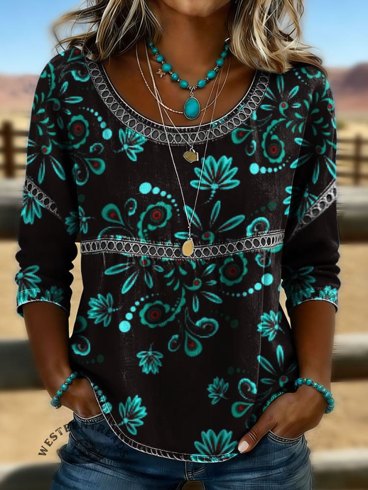 Women's Vintage Floral Print Casual Hollow Denim Shirt
