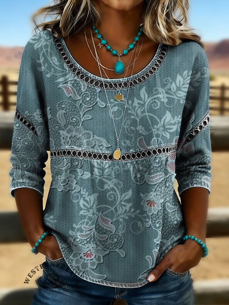 Women's Vintage Floral Print Casual 3/4 Sleeves Hollow Lace Denim Shirt