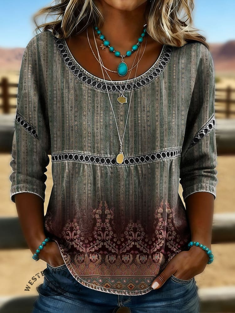 Women's Vintage Floral Print Casual 3/4 Sleeves Hollow Lace Denim Shirt