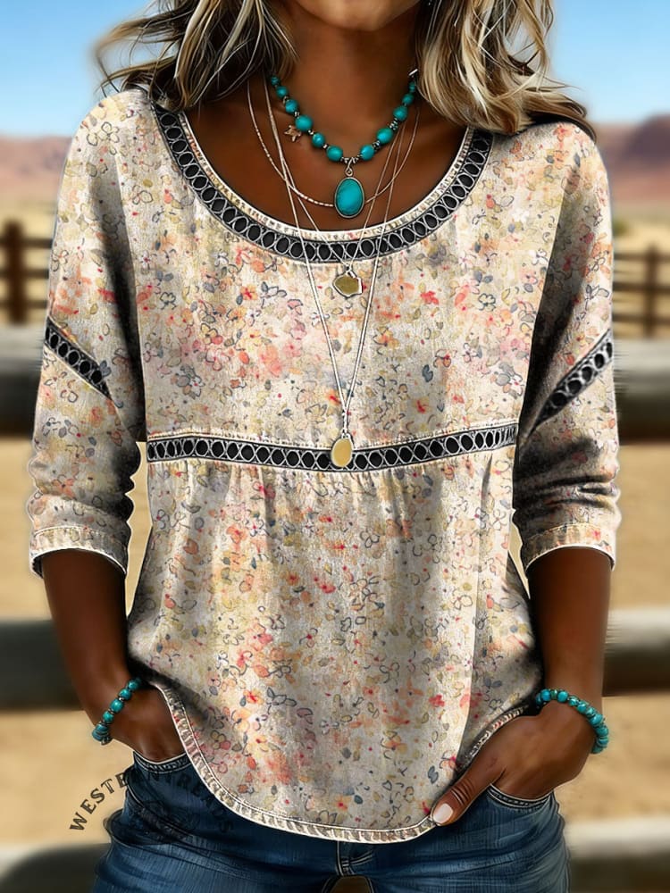 Women's Vintage Floral Print Casual 3/4 Sleeves Hollow Lace Denim Shirt