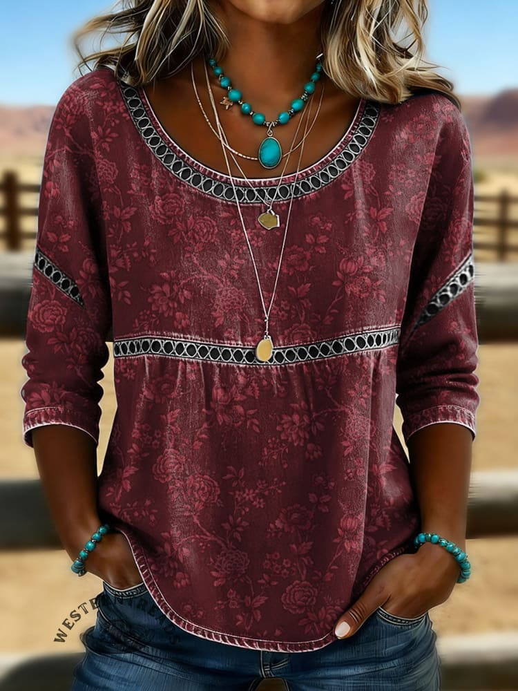 Women's Vintage Floral Print Casual 3/4 Sleeves Hollow Lace Denim Shirt