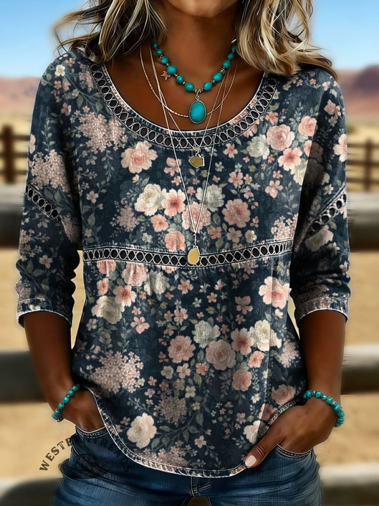 Women's Vintage Floral Print Casual 3/4 Sleeves Hollow Lace Denim Shirt