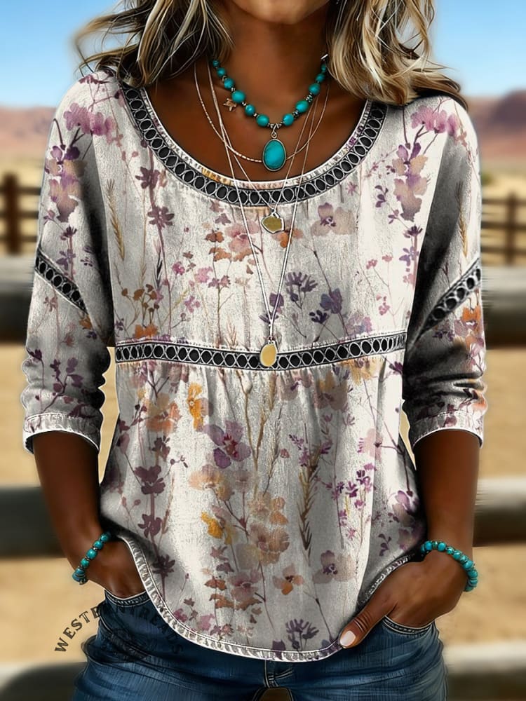 Women's Vintage Floral Print Casual 3/4 Sleeves Hollow Lace Denim Shirt