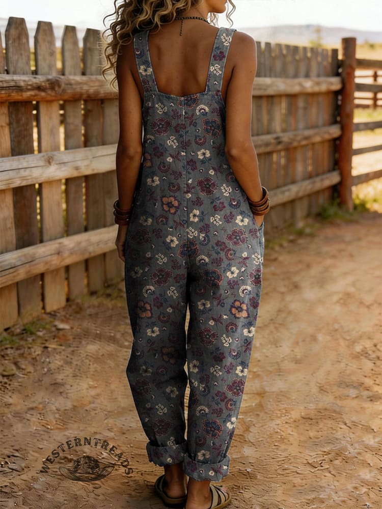 Women's Vintage Floral Print Casual Denim Jumpsuit - Image 2