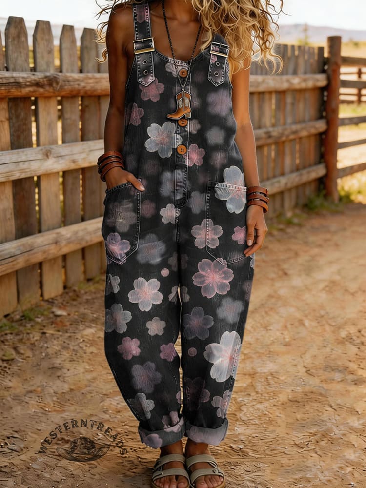 Women's Vintage Floral Print Casual Denim Jumpsuit