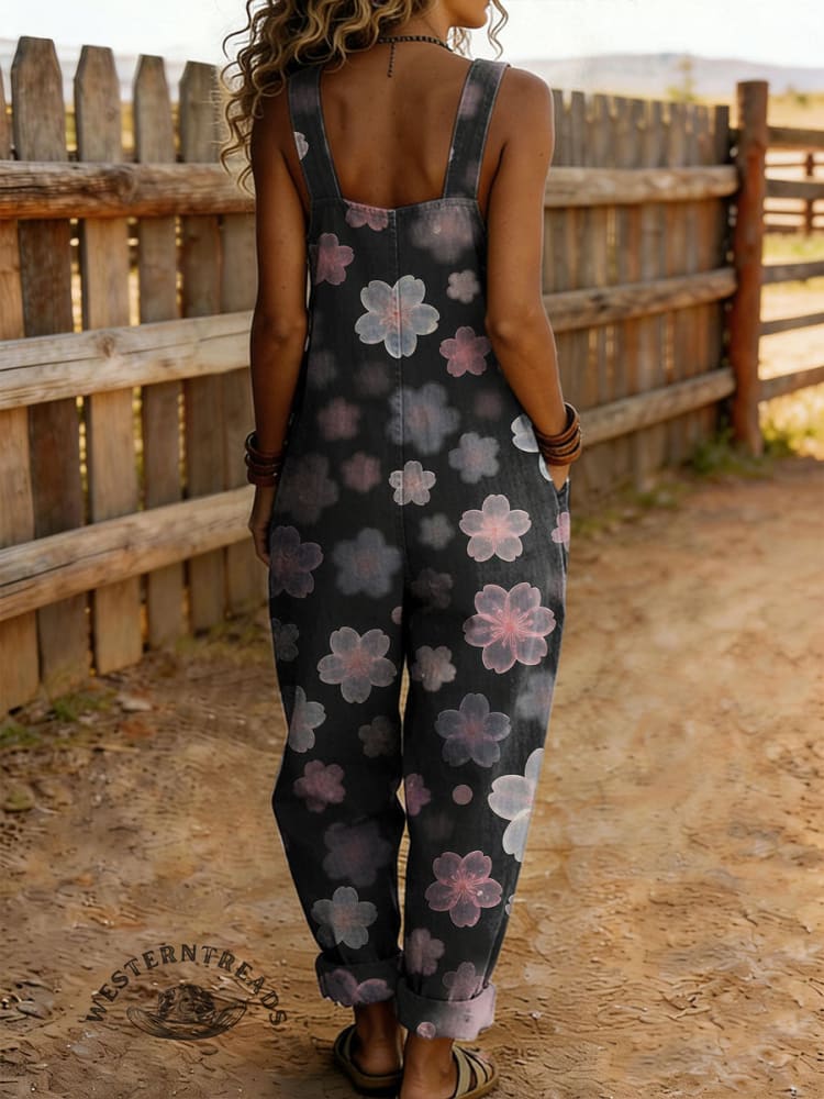 Women's Vintage Floral Print Casual Denim Jumpsuit - Image 2