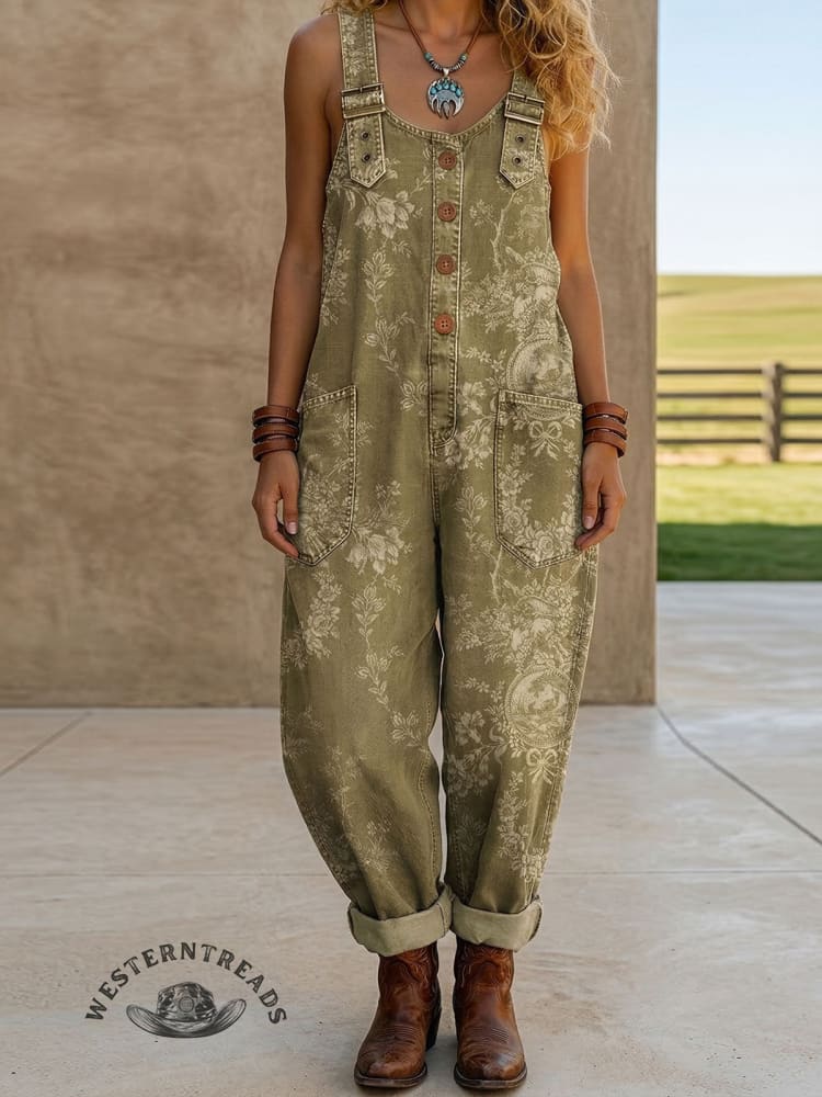 Women's Vintage Floral Print Casual Denim Pocket Jumpsuit