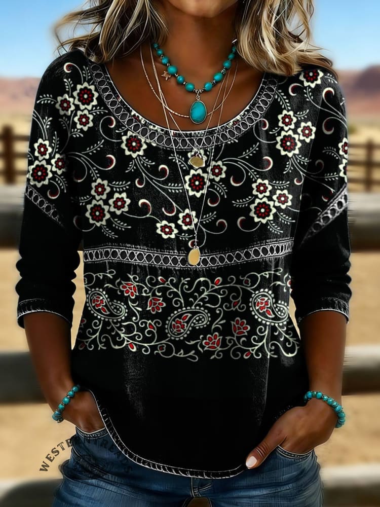 Women's Vintage Floral Print Casual Hollow Denim Shirt