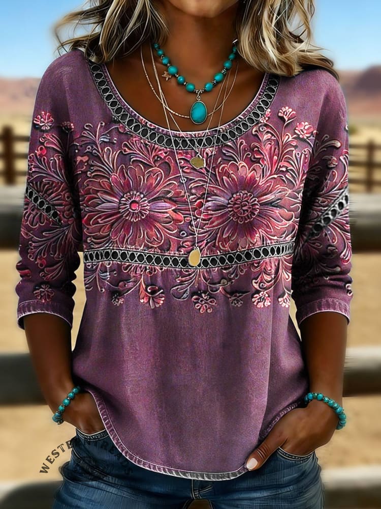 Women's Vintage Floral Print Casual Hollow Denim Shirt