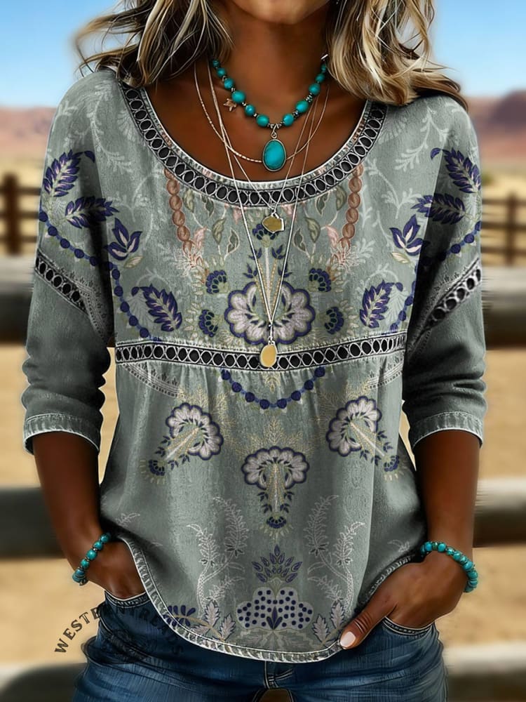 Women's Vintage Floral Print Casual Hollow Denim Shirt