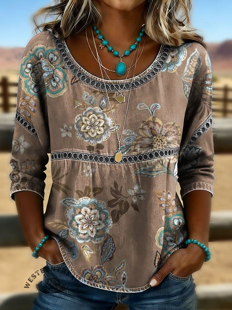 Women's Vintage Floral Print Casual Hollow-Out Denim Shirt