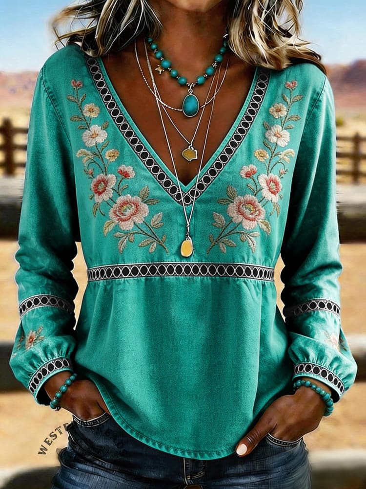 Women's Vintage Floral Print Casual Hollow-out Denim Shirt