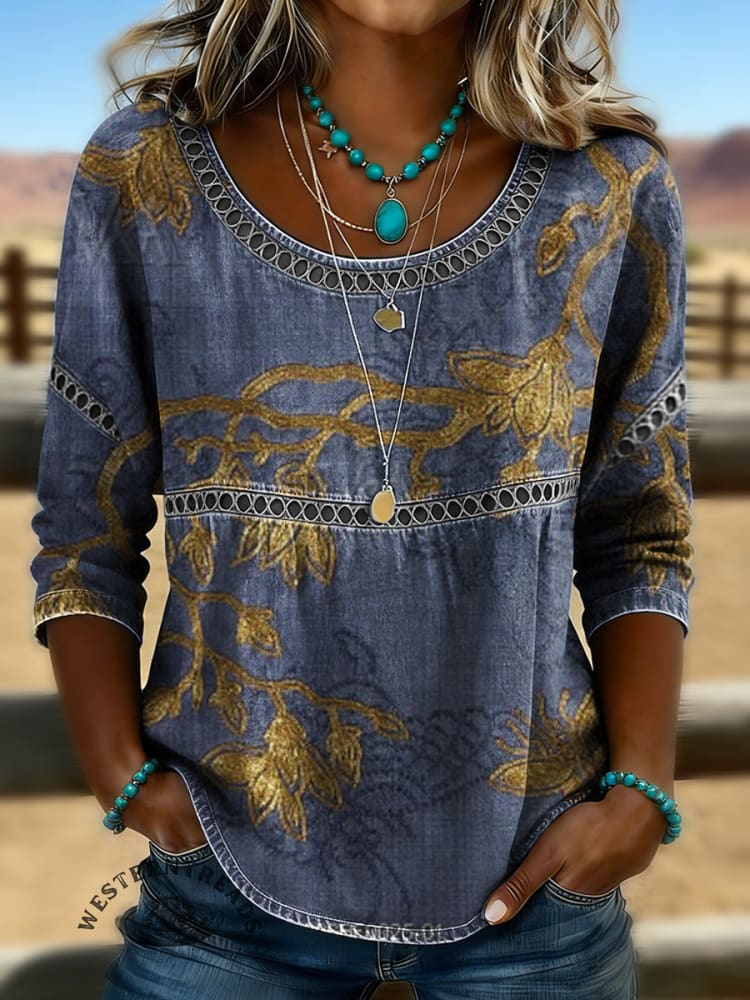 Women's Vintage Floral Print Casual Hollow-Out Denim Shirt