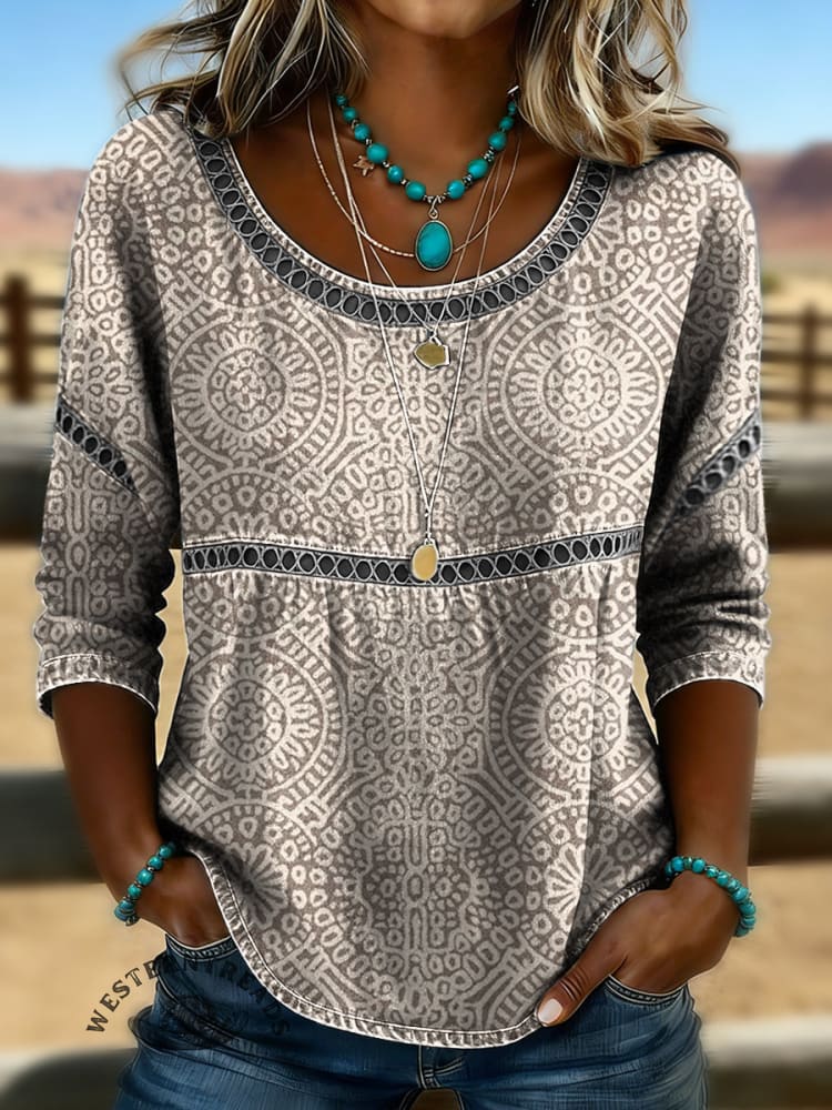 Women's Vintage Floral Print Casual Hollow-Out Denim Shirt
