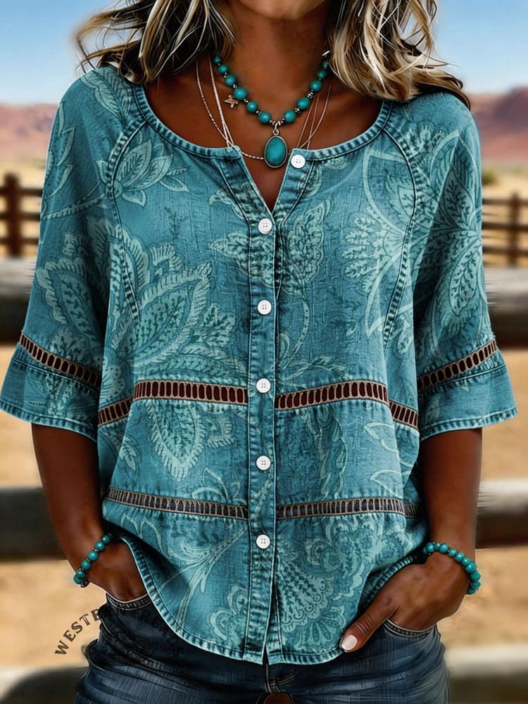 Women's Vintage Floral Print Casual Hollow-Out Denim Shirt