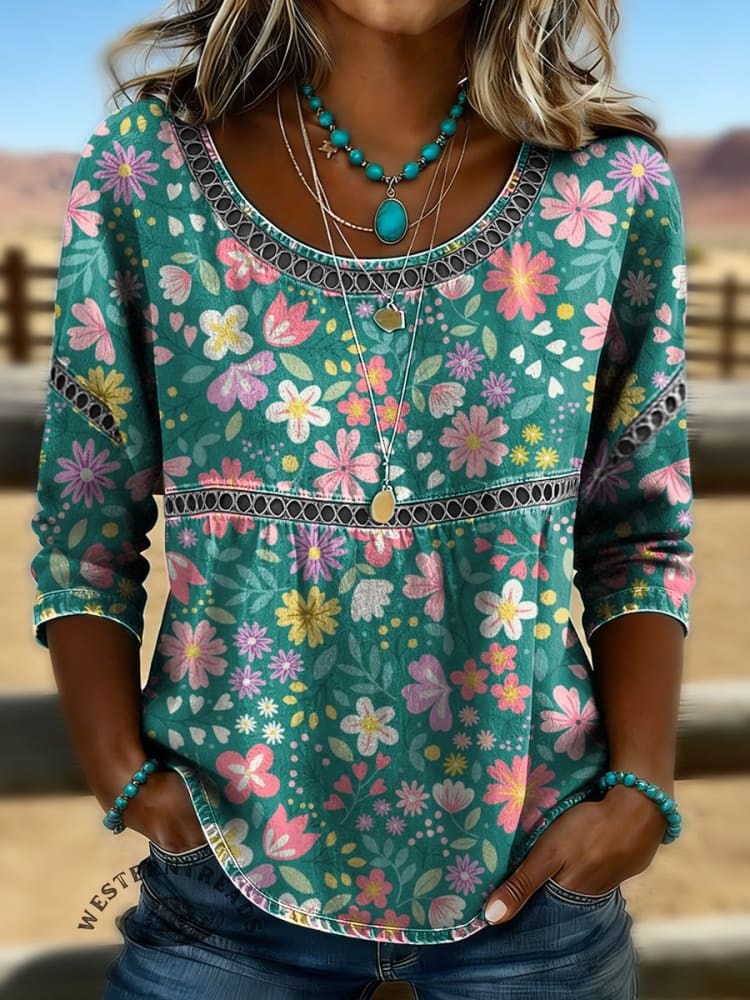 Women's Vintage Floral Print Casual Hollow-Out Denim Shirt