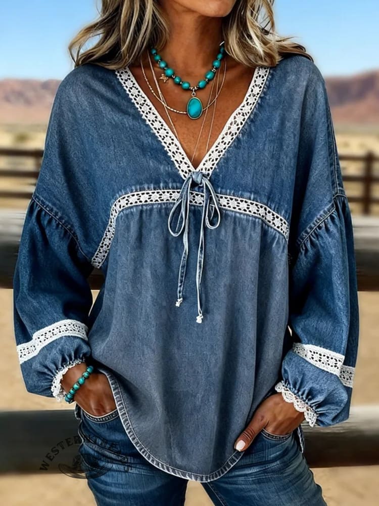 Women's Vintage Floral Print Casual Hollow-Out Denim Shirt