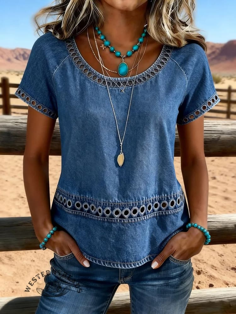 Women's Vintage Floral Print Casual Hollow-Out Denim Shirt