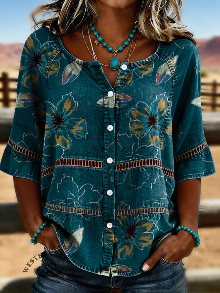 Women's Vintage Floral Print Casual Hollow-Out Denim Shirt