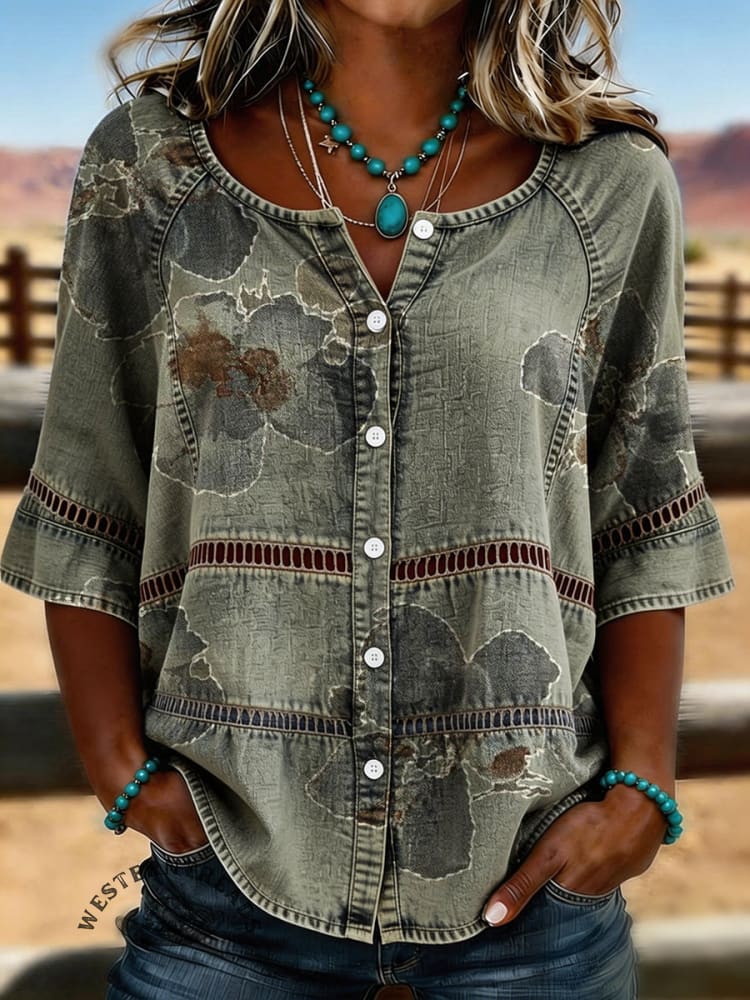 Women's Vintage Floral Print Casual Hollow-Out Denim Shirt