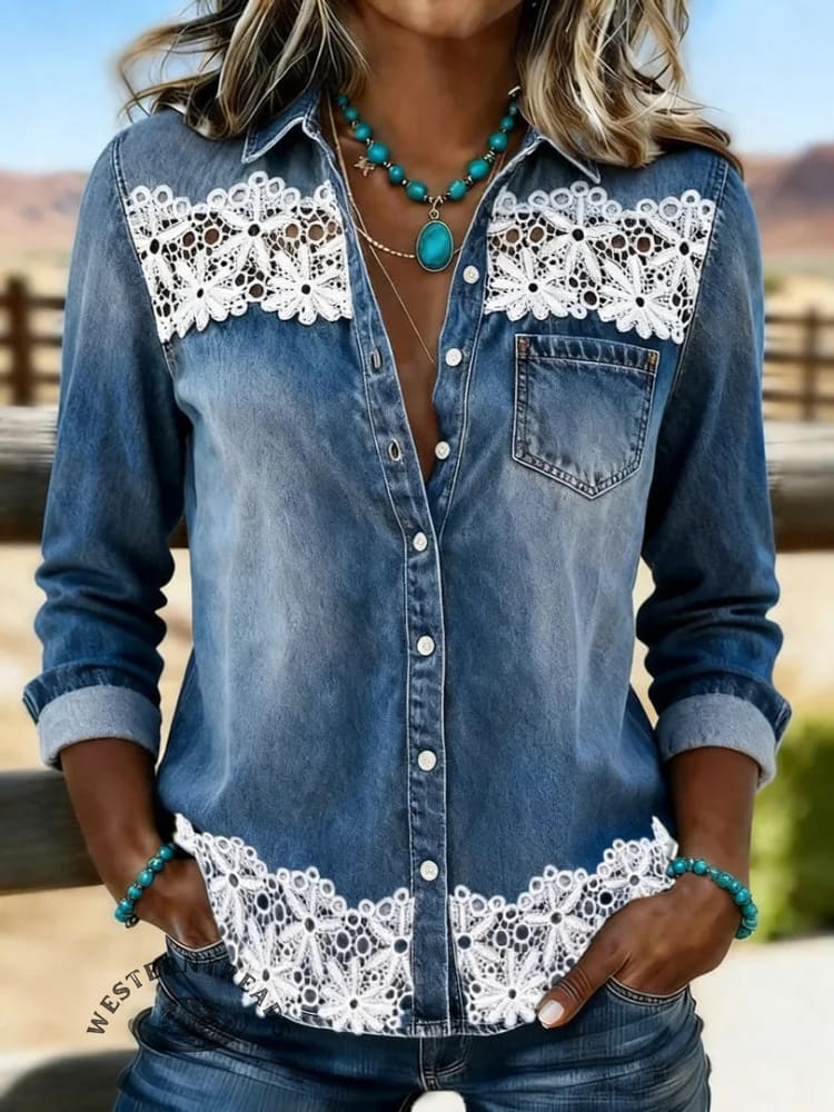 Women's Vintage Floral Print Casual Hollow-Out Denim Shirt