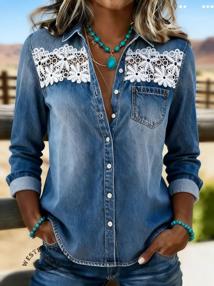 Women's Vintage Floral Print Casual Hollow-Out Denim Shirt
